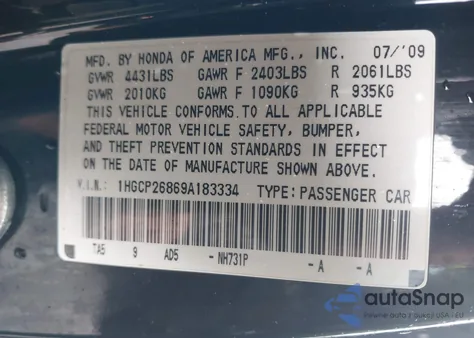 2009 Honda Accord 2.4 Ex-L из США, поврежденный, VIN 1HGCP26869A183334